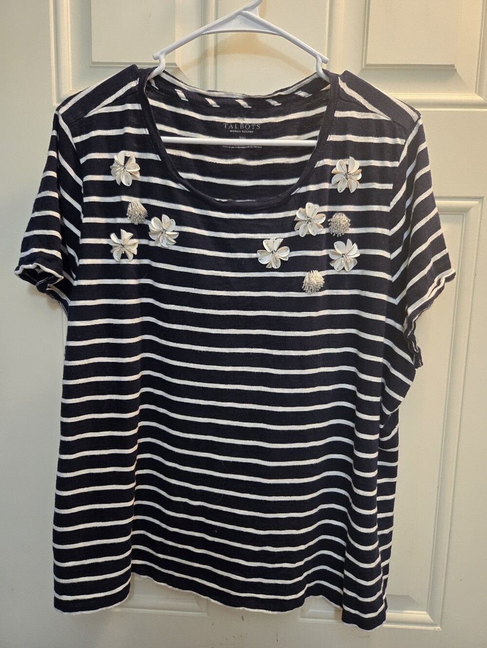 Talbots Navy & White Striped Short-Sleeve Top with Floral Appliqué